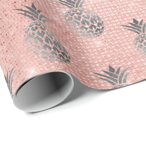 Tropical summer pineapple fruit rose gray sparkly wrapping paper