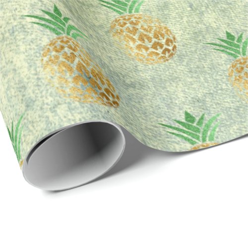 Tropical summer pineapple grungy gold mint fruits wrapping paper