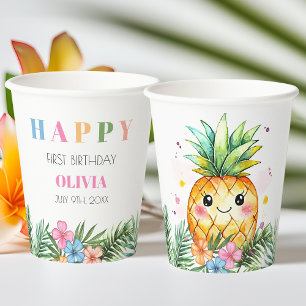 Tropical Summer Pineapple Kids Happy 1st Birthday Paper Cups