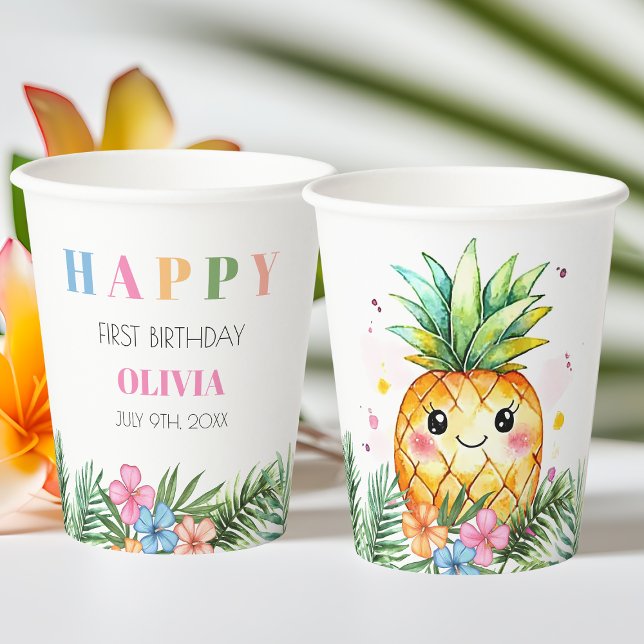 Tropical Summer Pineapple Kids Happy 1st Birthday Paper Cups (Tropical Summer Pineapple Kids Happy 1st Birthday Paper Cups)