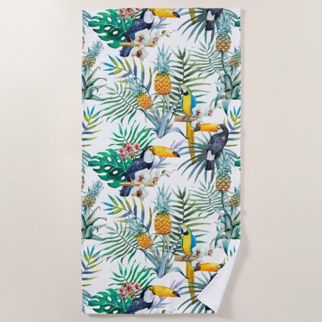 Tropical summer Pineapple Parrot Bird watercolor Beach Towel (Front)