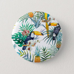 Tropical summer Pineapple Parrot Bird watercolor Button