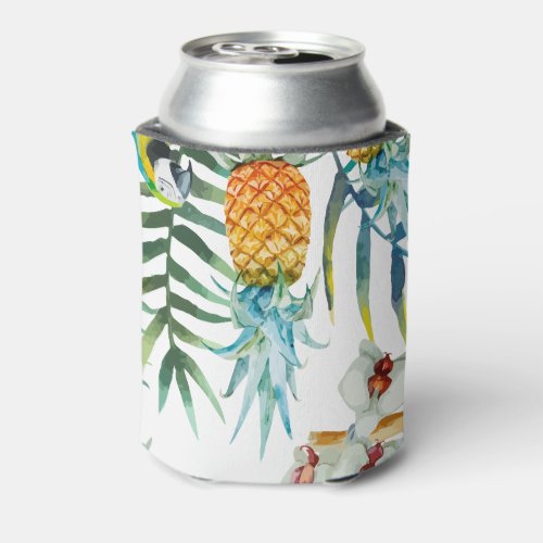 Tropical summer Pineapple Parrot Bird watercolor Can Cooler