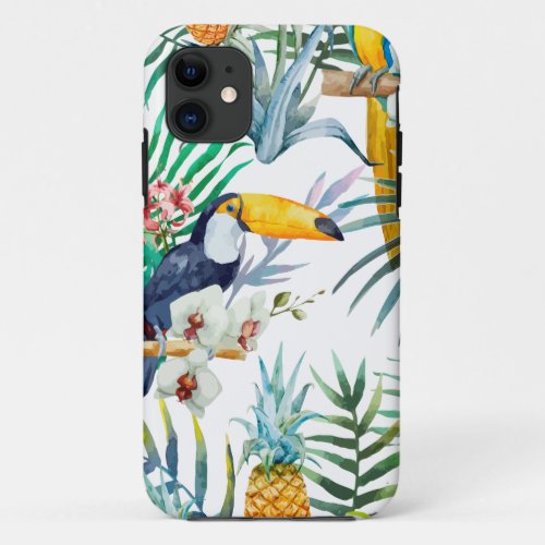 Tropical summer Pineapple Parrot Bird watercolor iPhone 11 Case