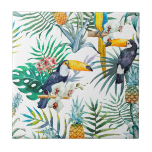 Tropical summer Pineapple Parrot Bird watercolor Ceramic Tile