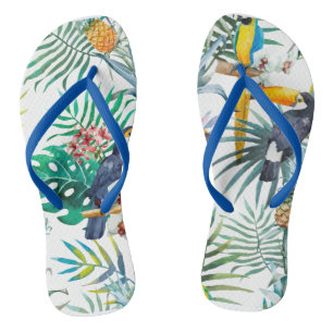 Tropical summer Pineapple Parrot Bird watercolor Flip Flops