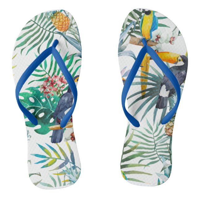 Tropical summer Pineapple Parrot Bird watercolor Flip Flops (Footbed)