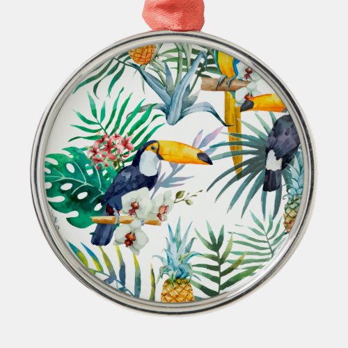 Tropical summer Pineapple Parrot Bird watercolor Metal Ornament