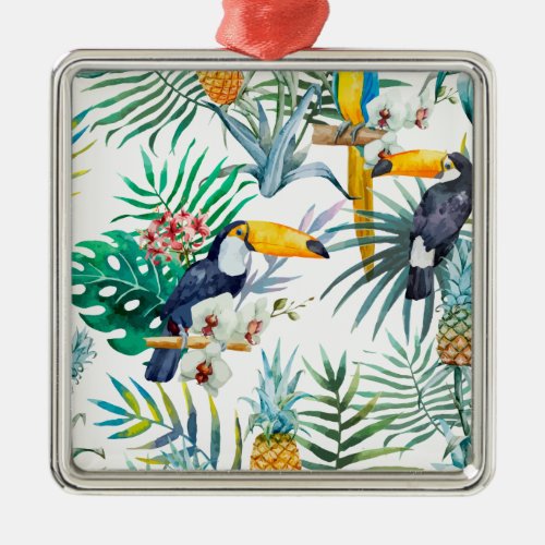 Tropical summer Pineapple Parrot Bird watercolor Metal Ornament