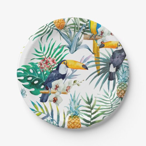 Tropical summer Pineapple Parrot Bird watercolor Paper Plates