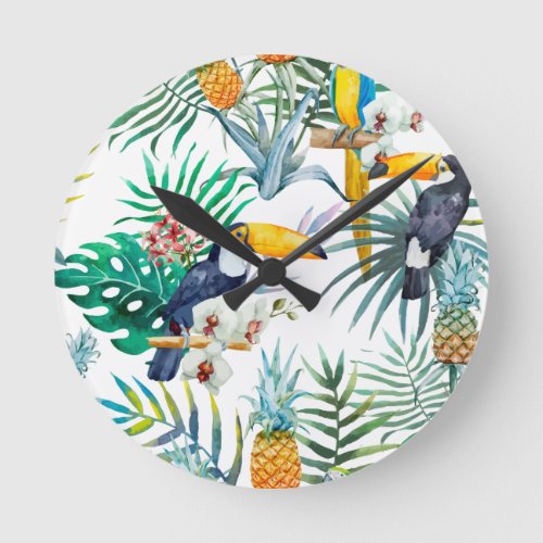 Tropical summer Pineapple Parrot Bird watercolor Round Clock