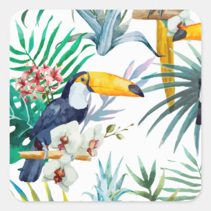 Tropical summer Pineapple Parrot Bird watercolor Square Sticker
