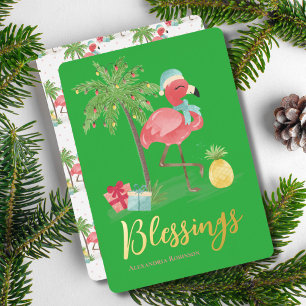 Tropical Summer Pink Christmas Flamingo Palm Tree Foil Holiday Card