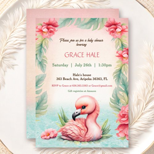Tropical Summer Pink Flamingo Baby Shower Party Invitation