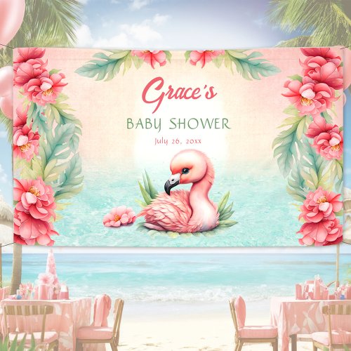 Tropical Summer Pink Flamingo Girl Baby Shower Banner