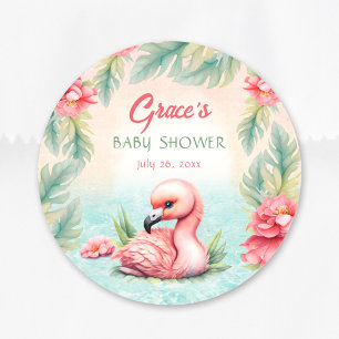 Tropical Summer Pink Flamingo Girl Baby Shower Classic Round Sticker