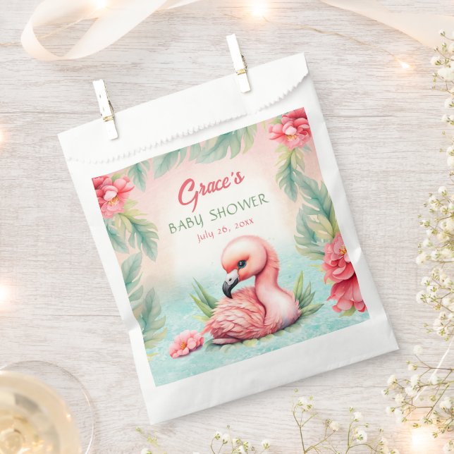 Tropical Summer Pink Flamingo Girl Baby Shower Favor Bag (Clipped)