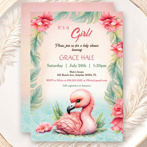 Tropical Summer Pink Flamingo Girl Baby Shower Invitation
