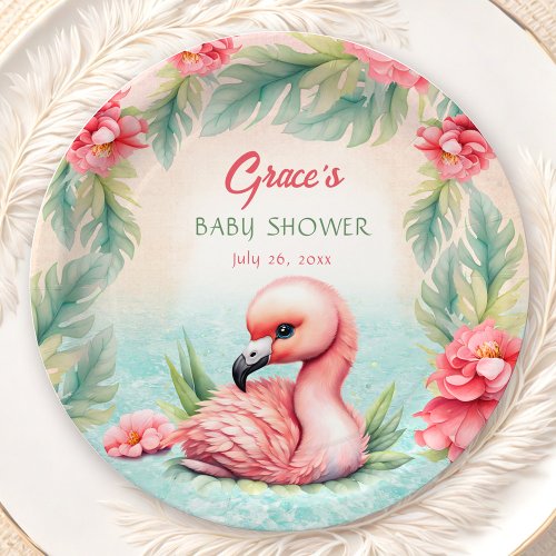 Tropical Summer Pink Flamingo Girl Baby Shower Paper Plates