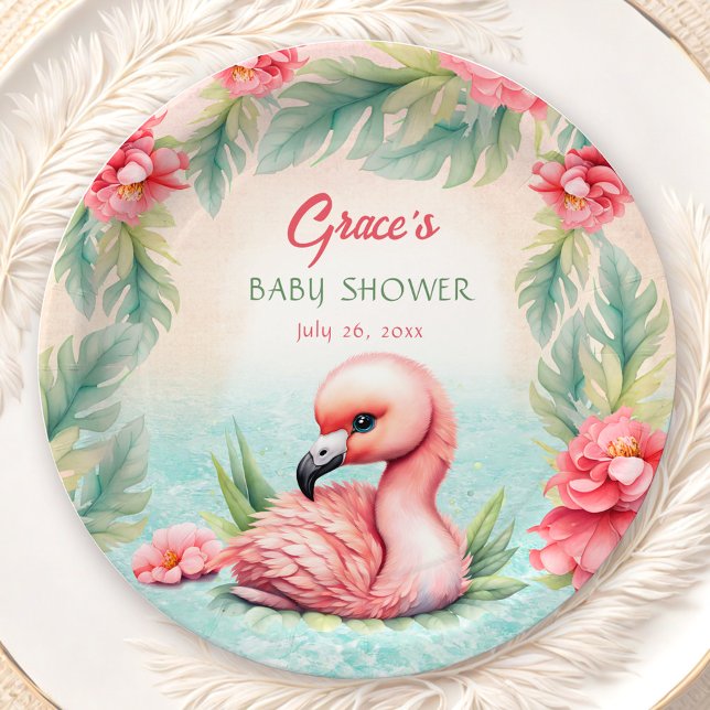 Tropical Summer Pink Flamingo Girl Baby Shower Paper Plates (Tropical Summer Pink Flamingo Girl Baby Shower Paper Plates)