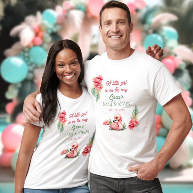 Tropical Summer Pink Flamingo Girl Baby Shower T-Shirt (Tropical Summer Pink Flamingo Girl Baby Shower T-Shirt)