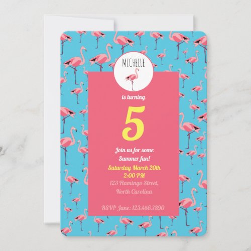 Tropical Summer Pink Flamingo Girly 5th Birthday Invitation