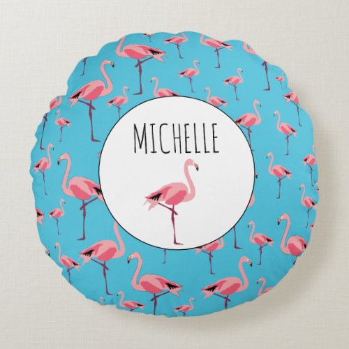 Tropical Summer Pink Flamingo Pattern Round Pillow