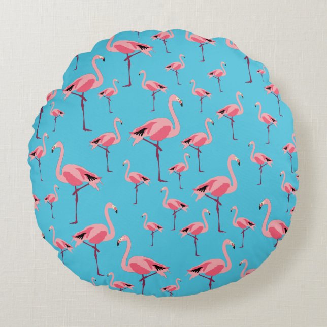 Tropical Summer Pink Flamingo Pattern Round Pillow (Front)
