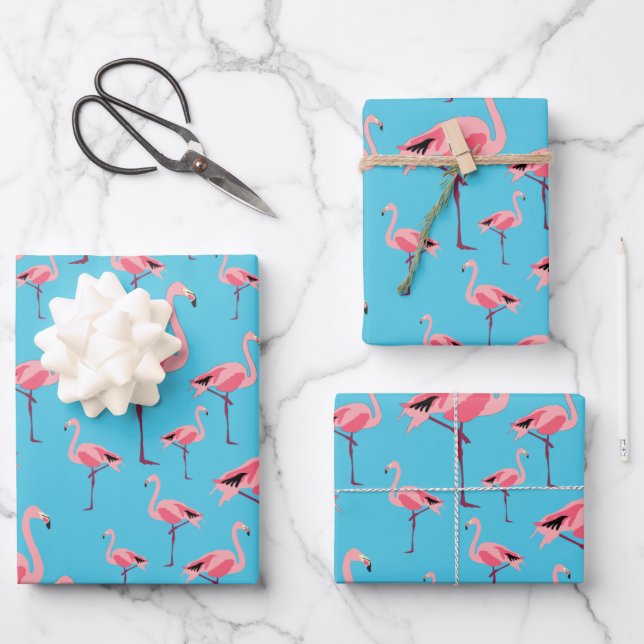 Tropical Summer Pink Flamingo Pattern Wrapping Paper Sheets (Front)