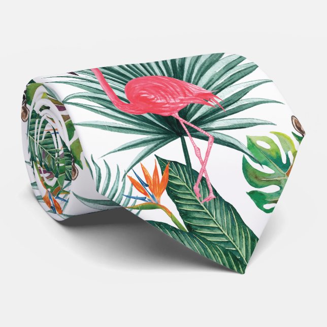 Tropical summer Pink Flamingo + Zebra watercolor Tie (Rolled)