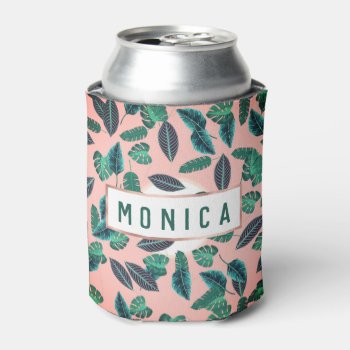 Tropical Summer Pink Green Leaves Sunset Pattern Can Cooler by kicksdesign at Zazzle