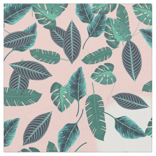 Tropical Summer Pink Green Leaves Sunset Pattern Fabric