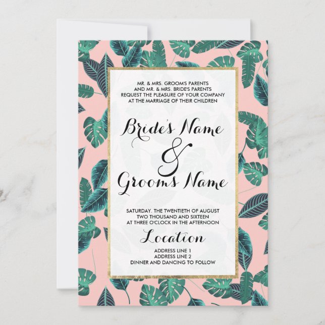 Tropical Summer Pink Green Leaves Sunset Pattern Invitation (Front)