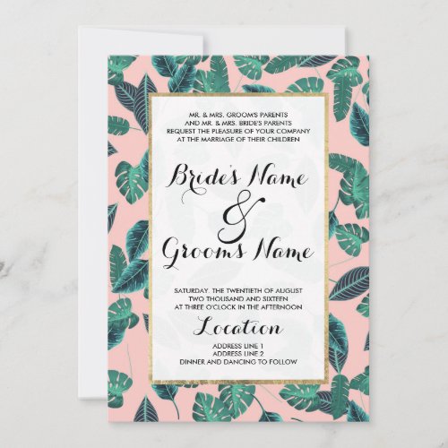 Tropical Summer Pink Green Leaves Sunset Pattern Invitation