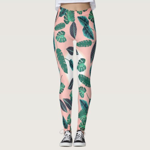 Tropical Summer Pink Green Leaves Sunset Pattern Leggings