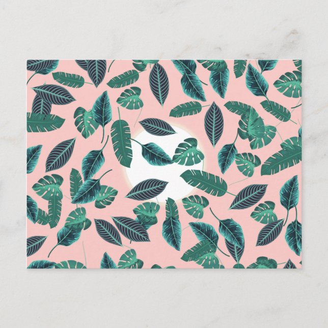 Tropical Summer Pink Green Leaves Sunset Pattern Postcard (Front)