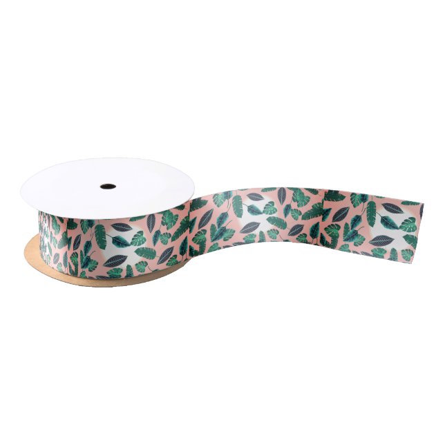 Tropical Summer Pink Green Leaves Sunset Pattern Satin Ribbon (Spool)