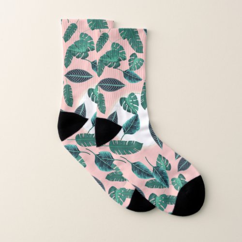 Tropical Summer Pink Green Leaves Sunset Pattern Socks