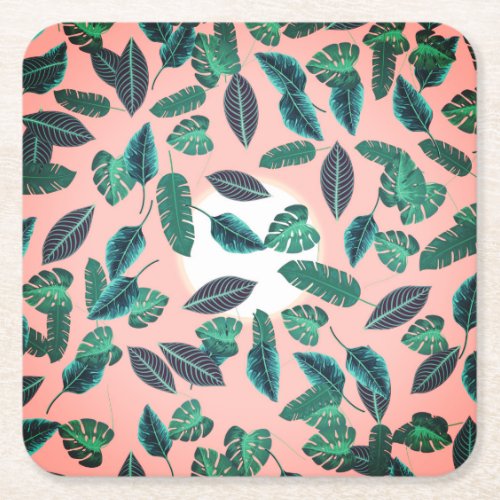 Tropical Summer Pink Green Leaves Sunset Pattern Square Paper Coaster