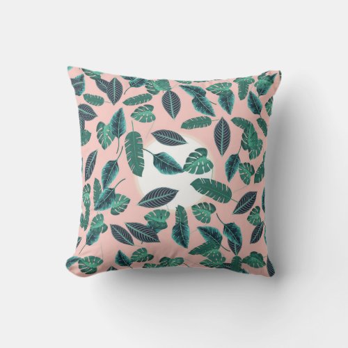 Tropical Summer Pink Green Leaves Sunset Pattern Throw Pillow