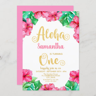 Tropical Summer Pink Hibiscus 1st Birthday   Invitation