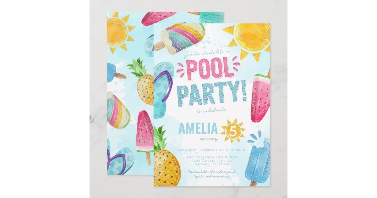 Tropical Summer Pool Party Birthday Invitation | Zazzle