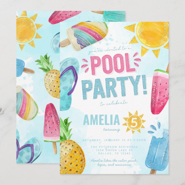 Tropical Summer Pool Party Birthday Invitation (Front/Back)