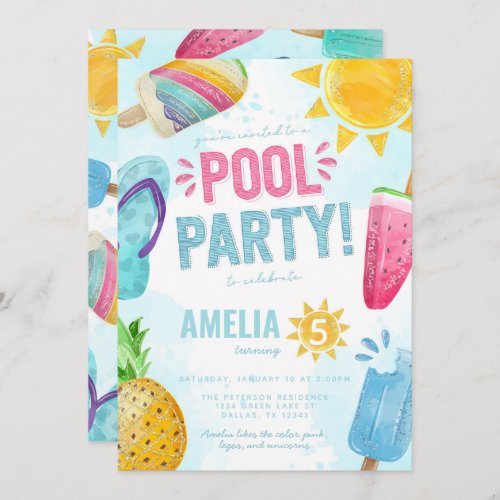 Tropical Summer Pool Party Birthday Invitation
