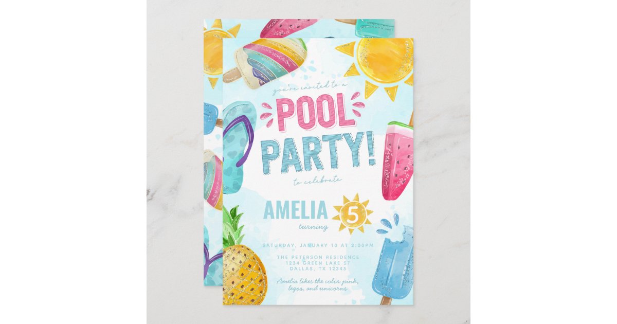 Tropical Summer Pool Party Birthday Invitation