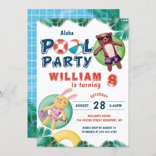 Tropical Summer Pool Party Birthday Invitation