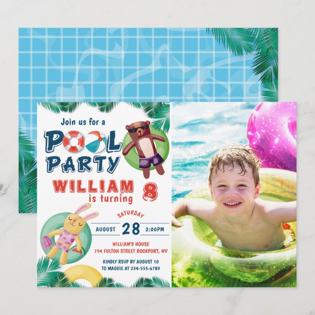 Tropical Summer Pool Party Birthday Photo Invitation (Front/Back)