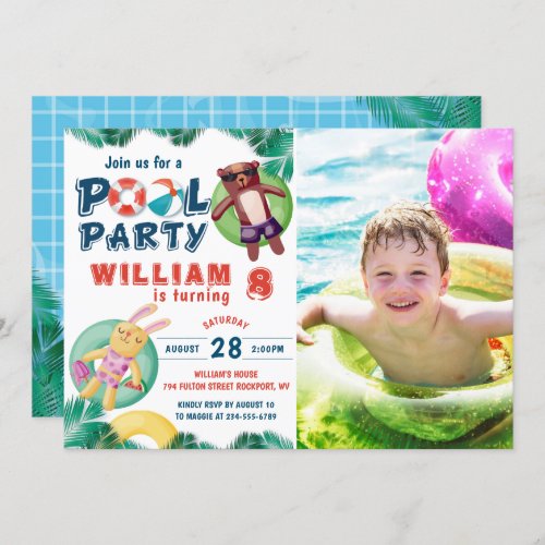 Tropical Summer Pool Party Birthday Photo Invitation