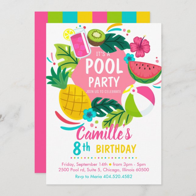 Tropical summer pool party Invitation (Front/Back)