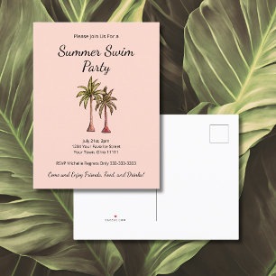 Tropical Summer Pool Party Palm Trees Blush Pink Invitation Postcard